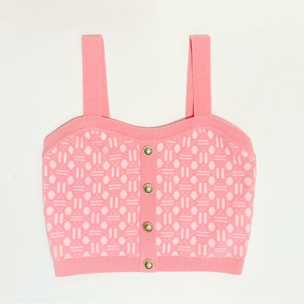 MAJE PINK WHITE MIDINA PRINTED JACQUARD KNIT CROP TOP